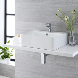 Lavabo Sobre Encimera Suspendido Rectangular de Cerámica 520x420mm con Grifo Mezclador de Lavabo Monoforo - Exton