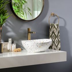Lavabo Oval Sobre Encimera con Efecto Porcelana Terrazzo - 405mm x 330mm (Sin Agujeros para la Grifería) - Kenton