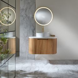 Mueble de Lavabo Suspendido Curvo - Acanalado - Disponible en Mueble de Lavabo Suspendido Curvo Acanalado - Efecto Madera Roble  - Disponible en Distintas Medidas y Selección de Lavabos - Chalton