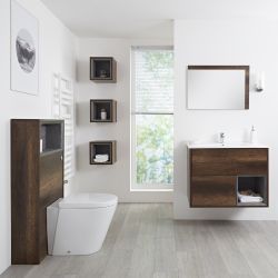 Conjunto de Baño con Diseño Abierto de Color Roble Oscuro Completo con Mueble Para Lavabo de 800mm, Mueble de Pared, Espejo, Lavabo, WC y Cisterna - Hoxton