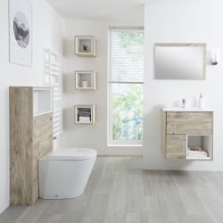 Conjunto de Baño con Diseño Abierto de Color Roble Claro Completo con Mueble Para Lavabo de 600mm, Mueble de Pared, Espejo, Lavabo, WC y Cisterna - Hoxton