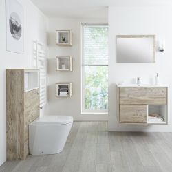 Conjunto de Baño con Diseño Abierto de Color Roble Claro Completo con Mueble Para Lavabo de 800mm, Mueble de Pared, Espejo, Lavabo, WC y Cisterna - Hoxton