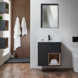Mueble Suspendido con Repisa Abierta de 610mm Completo con Lavabo - Selección de Acabado y con Luz LED - Hoxton