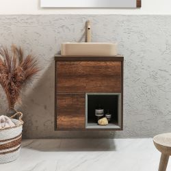 Mueble de Lavabo Suspendido - 600mm - con Repisa Abierta Completo con Lavabo Sobre Encimera - Selección de Lavabos, Acabados y Luz LED - Hoxton