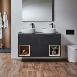 Mueble Suspendido con Repisa Abierta de 1200mm -Disponible en Distintos Acabados, con Opción de Lavabos y LED - Hoxton