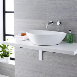 Lavabo Sobre Encimera Oval de Cerámica 590x390cm con Grifo Mezclador Mural - Kenton