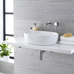 Lavabo Sobre Encimera Oval de Cerámica 480x350mm con Grifo Mezclador de Lavabo Mural - Otterton