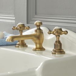 Grifo Mezclador para Lavabo de 3 Agujeros Estilo Tradicional Efecto Oro Cepillado con Manijas en Cruceta - Elizabeth