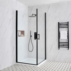 Mampara de Ducha Angular Negra con Panel Doble, Bisagras y Plato de Ducha - Elección de Medidas - Nox