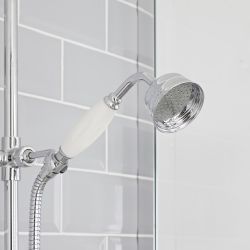 Conjunto de Ducha Completo con Mezclador de Ducha Termostático Tradicional de 2 Funciones con Desviador, Erogador de Bañera y Barra de Ducha Deslizante y Teléfono de Ducha con Acabado Cromado y Blanco - Elizabeth