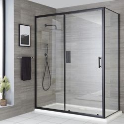 Puerta de Ducha Corredera Angular con Perfilería Negra Nox con Plato de Ducha  - Disponible en Distintas Medidas