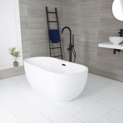 Bañera Exenta Moderna Oval Blanca con Doble Respaldo - 1555mm x 745mm - Disponible con Rebosadero en Distintos Acabados - Otterton
