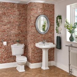Conjunto de Baño Clásico con Inodoro WC, Cisterna, Lavabo Monoforo y Pedestal de Cerámica Blanca con Tapa de WC - Regent