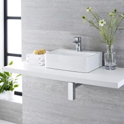 Lavabo Sobre Encimera Suspendido Rectangular de Cerámica 400x295mm con Grifo Mezclador de Lavabo Monoforo - Exton