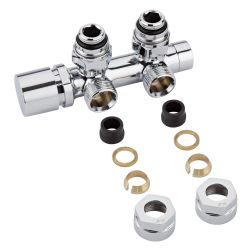 Llaves Angulares Cromadas para Radiador y Toallero con Conexión Central con Adaptador para Tubos de Cobre 15mm - Multiblock H