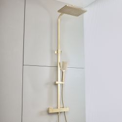 Columna de Ducha Moderna con Mezclador de Ducha Termostático en Barra Cuadrado Completa con Alcachofa de Ducha Cuadrada y Telefonillo - Disponible en Distintos Acabados - Arvel