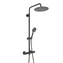 Columna de Ducha con Mezcladora de Ducha Termostático en Barra en Estilo Moderno con Alcachofa de Ducha Redonda y Telefonillo de Ducha - Negra - Nox