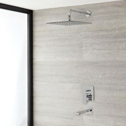 Conjunto de Ducha con Mezclador de Ducha Manual de 2 Funciones con Alcachofa Cuadrada de 300mm y Llenador de Bañera Cromado - Harting