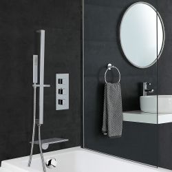 Conjunto de Ducha con Mezclador de Ducha Termostático Cuadrado Triple Cromado de 2 Salidas con Llenador de Bañera con Caída Efecto a Cascada y Kit de Barra Deslizante- Kubix