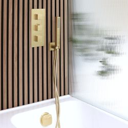 Ducha Termostática con Telefonillo de Ducha y llenador de bañera para rebosadero (2 Salidas) - Oro Satinado - Lyra