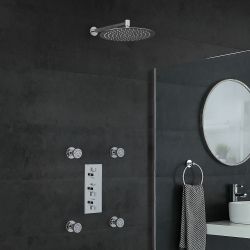 Conjunto de Ducha Cromado Moderno con Mezclador de Ducha Termostático Triple Redondo con Alcachofa de Ducha Redonda de 300mm y Jets de Ducha - Como
