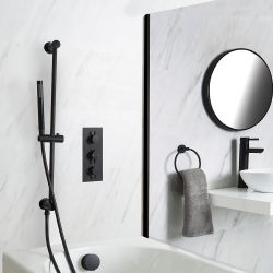 Ducha Termostática Negra de 2 Salidas Completa con Llenador de Bañera de Rebosadero y Barra de Ducha Deslizante con Telefonillo - Nox