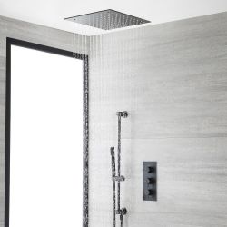 Ducha Termostática Negra de 2 Salidas con Alcachofa de Ducha Empotrable y Barra de Ducha Deslizante y Telefonillo - Nox