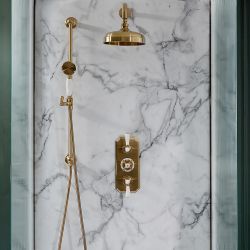 Conjunto de Ducha Tradicional Completo con Mezclador de Ducha Termostático con Barra de Ducha Deslizante y Alcachofa de Ducha (2 Salidas) - Oro Satinado - Elizabeth