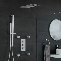 Conjunto de Ducha con Mezclador de Ducha Termostático Cuadrado Cromado de 3 Salidas con Desviador, Alcachofa de Ducha Plana, Barra de Ducha Deslizante y Jets de Ducha- Kubix