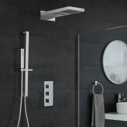 Conjunto de Ducha con Mezclador de Ducha Termostático Cuadrado Cromado de 3 Salidas con Desviador Completo con Alcachofa de 2 Funciones y Barra de Ducha Deslizante - Kubix