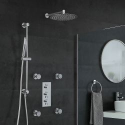 Conjunto de Ducha Cromado Moderno con Mezclador de Ducha Termostático Redondo Triple de 3 Funciones con Alcachofa de Ducha, Jets de Ducha y Kit con Barra de Ducha Deslizante - Como