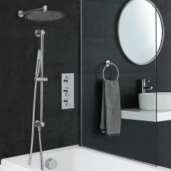 Conjunto de Ducha Cromado Moderno con Mezclador de Ducha Termostático Redondo Triple de 3 Funciones con Alcachofa de Ducha, Kit con Barra de Ducha Deslizante y Llenador de Bañera - Como