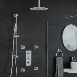 Conjunto de Ducha Cromado Moderno con Mezclador de Ducha Termostático Redondo Triple con Desviador Completo con Alcachofa de Ducha de Techo de 300mm, Jets de Ducha y Kit con Barra de Ducha Deslizante - Como