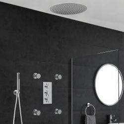 Conjunto de Ducha Cromado Moderno con Mezclador de Ducha Termostático Redondo Triple con Desviador Completo con Alcachofa de Ducha Empotrable Redonda de 400mm, Jets de Ducha y Kit con Barra de Ducha Deslizante - Como