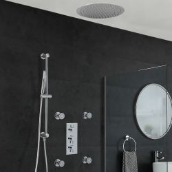 Conjunto de Ducha Cromado Moderno con Mezclador de Ducha Termostático Redondo Triple con Desviador Completo con Alcachofa de Ducha Empotrable Redonda de 400mm, Jets de Ducha y Kit con Barra de Ducha Deslizante - Como