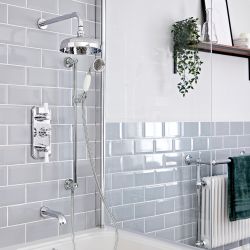 Conjunto de Ducha Tradicional Completo con Mezclador de Ducha Termostático de 3 Funciones con Desviador, Alcachofa de Ducha y Kit Deslizante con Telefonillo y Llenador de Bañera con Acabado Cromado y Blanco - Elizabeth