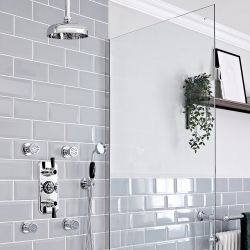 Conjunto de Ducha Tradicional Completo con Mezclador de Ducha Termostático de 3 Funciones con Desviador, Alcachofa de Ducha de Techo, Telefonillo y Jets de Ducha Cromado y Negro - Elizabeth
