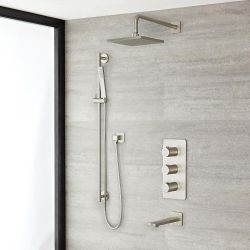 Conjunto de Ducha con Mezclador de Ducha Termostático Triple de 3 Funciones con Alcachofa de Ducha Cuadrada de 200mm, Barra de Ducha Deslizante con Telefonillo y Llenador de Bañera Color Níquel Cepillado - Harting