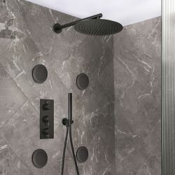 Conjunto de Ducha Termostático Moderno con Alcachofa de Ducha Mural, Jets de Ducha de Hidromasaje y Telefonillo de Ducha - Disponible en Distintos Acabados (3 Salidas) - Otto
