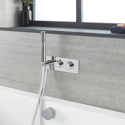 Mezclador de Ducha Termostático Cromado de 2 Salidas con Desviador, Llenador de Bañera para Rebosadero y Telefonillo - Como
