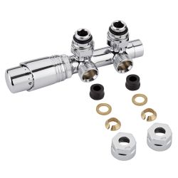 Llaves Angulares Cromadas para Radiador y Toallero con Cabezal Termostático Cromado y Adaptadores para Tubos de Cobre 12mm - Multiblock H