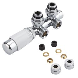 Llaves Angulares Cromadas para Radiador y Radiador Toallero con Conexión Central Completas con  Cabezal Termostático Cromado y Blanco y Adaptadores para Tubos de Cobre 12mm - Multiblock H