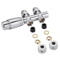 Llaves Rectas Cromadas para Radiador y Toallero con Cabezal Termostático Cromado y Adaptadores para Tubos de Cobre 12mm - Multiblock H