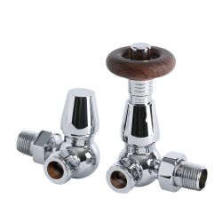 Par de Llaves Tradicionales Termostáticas Angulares de Esquina con Manija Efecto Madera para Radiador y Radiador Toallero Para Tubos de Cobre de 15mm - Regent