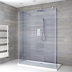 Mampara de Ducha de Obra Flotante de Cristal Ahumado Completa con Plato de Ducha - Elección de Medidas y Panel Antisalpicaduras con Bisagras - Portland-Luna