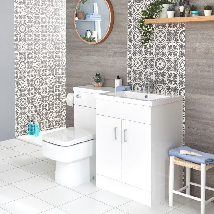 Conjunto de Baño Moderno Color Blanco Completo con Mueble de Lavabo en Versión Derecha e Inodoro Integrado de 500x890mm - Geo