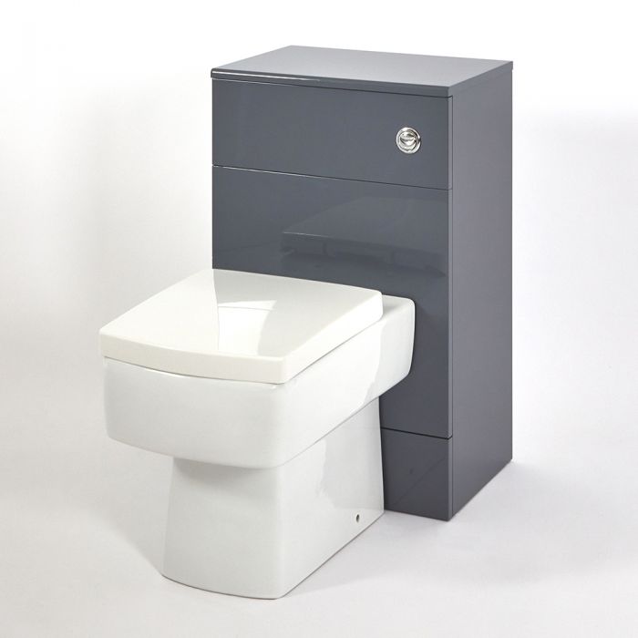 Conjunto de Baño Moderno Gris de 500mm Completo con  Mueble de WC con Inodoro Adosado, Cisterna y Tapa con Cierre Amortiguado - Atticus