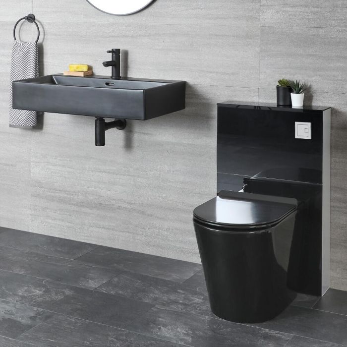 Set de Baño Moderno Negro con Mueble de WC con Inodoro Adosado y Lavabo Suspendido - Nox