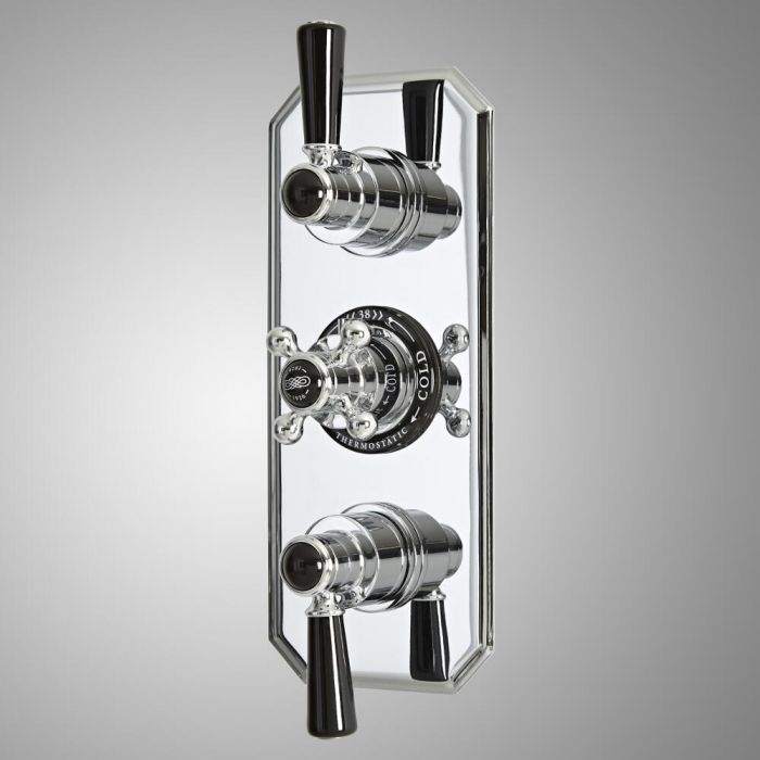Mezclador de Ducha Termostático Empotrable Tradicional de 3 Salidas con Desviador de Diseño Triple con Acabado Cromado y Negro - Elizabeth