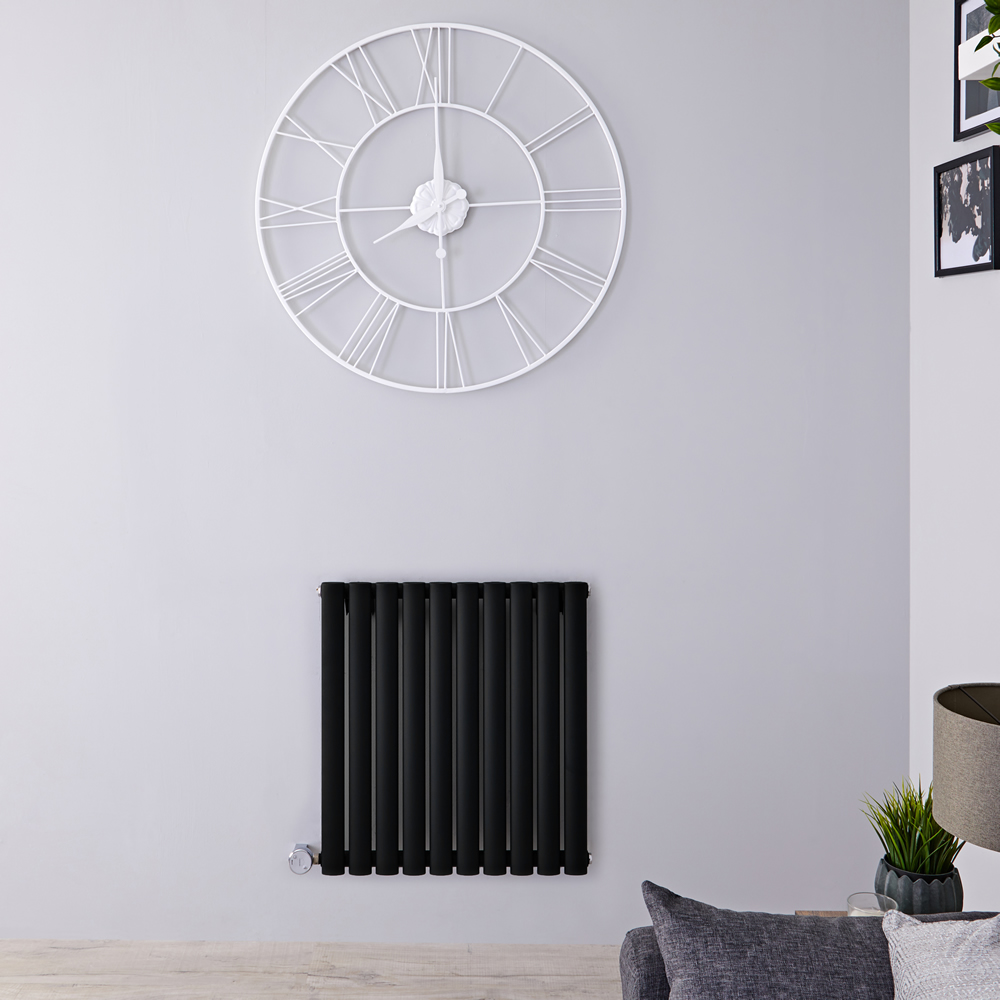 Radiador de Diseño Eléctrico Horizontal - Negro Mate - 635mm x 595mm x 55mm - Elemento Termostático de 800W - Revive